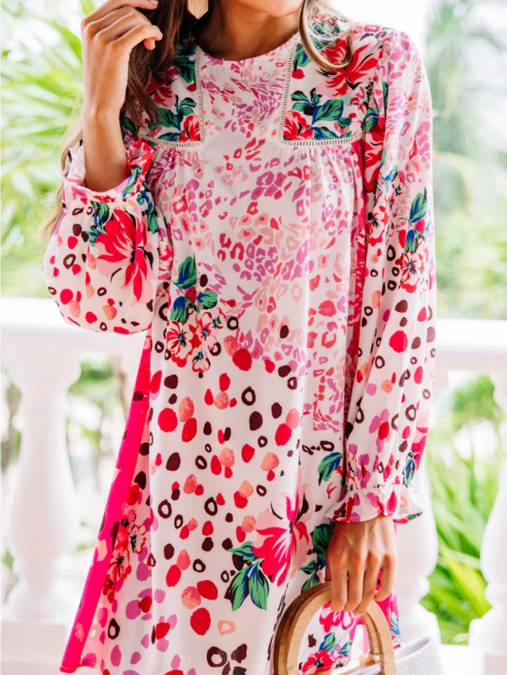 Umgee Floral Pink Mixed-Print Tunic Dress Sz L